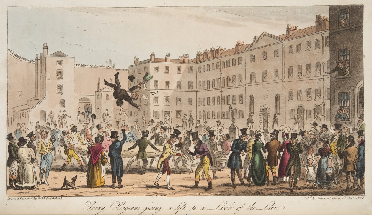 Surrey Collegians giver et løft til a Limb of the Law, fra The English Spy, udgivet London, 1824 af Isaac Robert Cruikshank