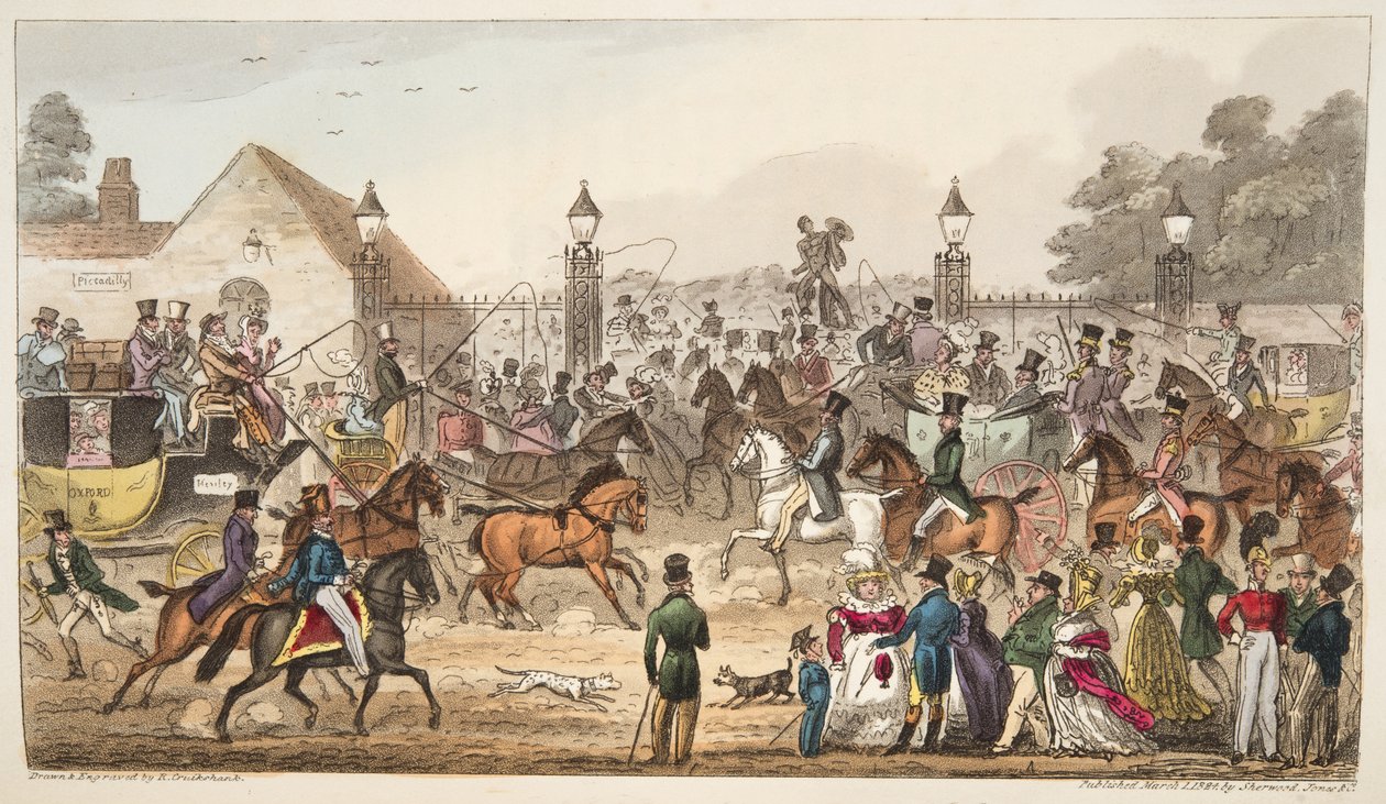 The Arrival, eller Western Entrance into Cockney Land, fra The English Spy udgivet 1824, (håndfarvet gravering) af Isaac Robert Cruikshank