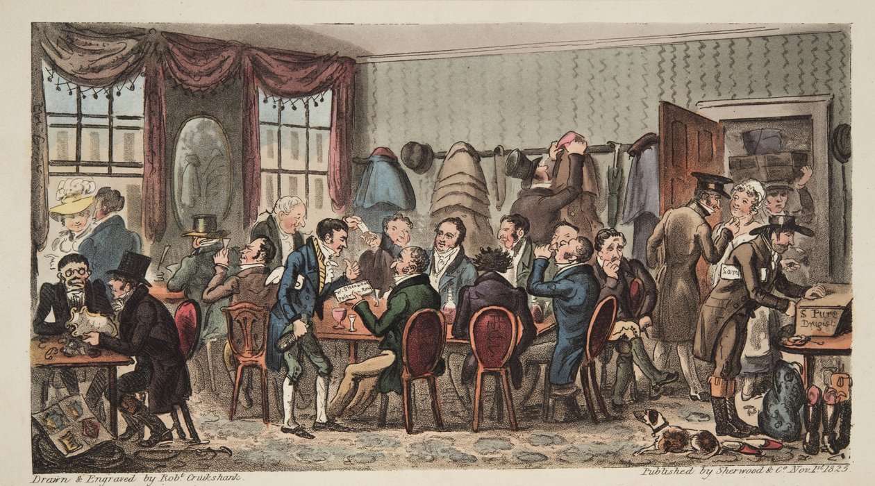 The Bags, Mens Banket på Bell Inn, Cheltenham, fra The English Spy, pub. 1824 (håndfarvet gravering) af Isaac Robert Cruikshank