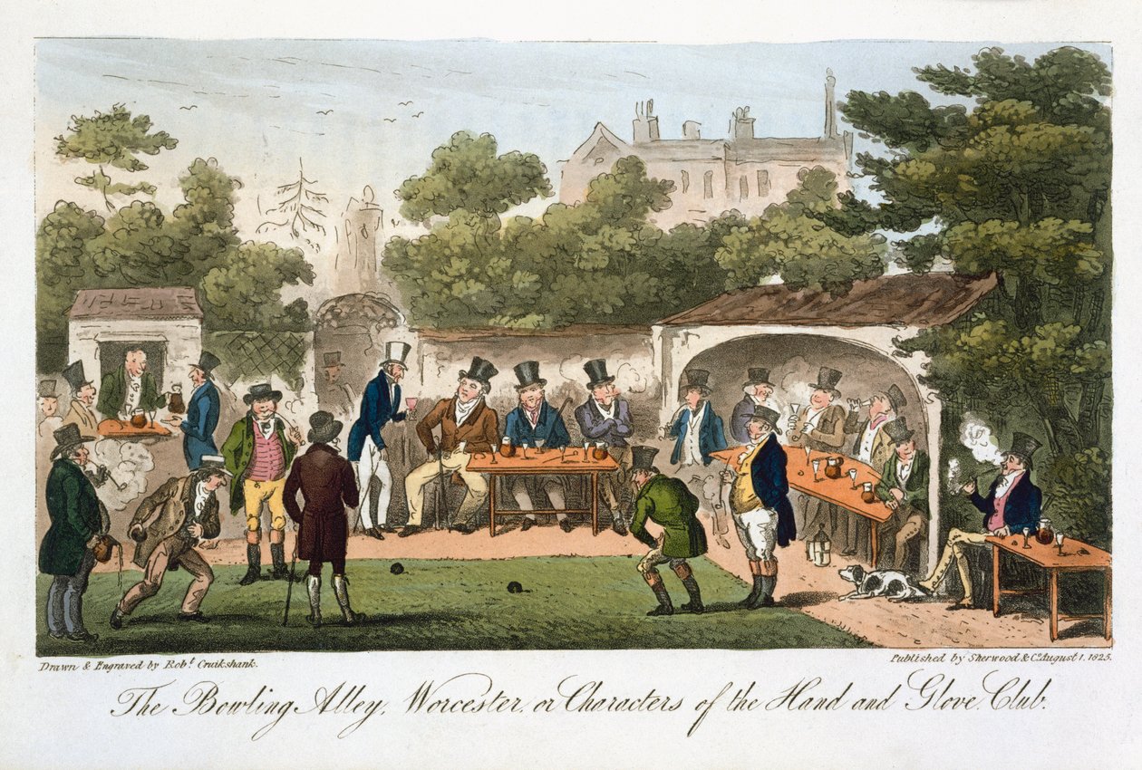 The Bowling Alley, Worcester, or Characters of the Hand and Glove Club, fra "The English Spy", af Charles Molloy Westmacott (1788-1868), udgivet i London 1825. af Isaac Robert Cruikshank