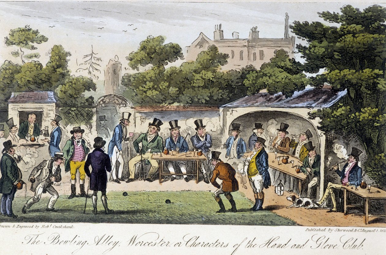 The Bowling Alley eller Characters of the Hand and Glove Club- i "" The English Spy"" af Charles Molloy Westmacott, tegning af Robert Cruikshank, London Edition af Isaac Robert Cruikshank