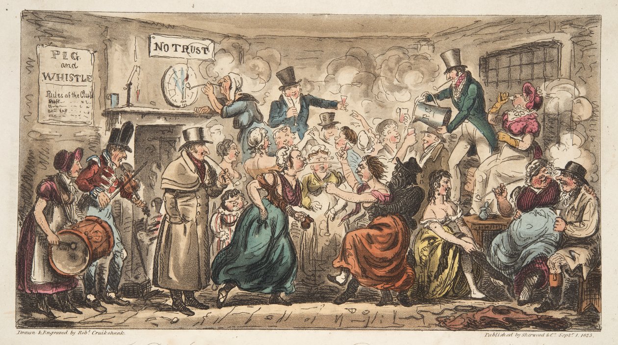 The Buff Club på Pig and Whistle, Avon Street, Bath, fra The English Spy, pub. London, 1824 (håndkoloreret gravering) af Isaac Robert Cruikshank