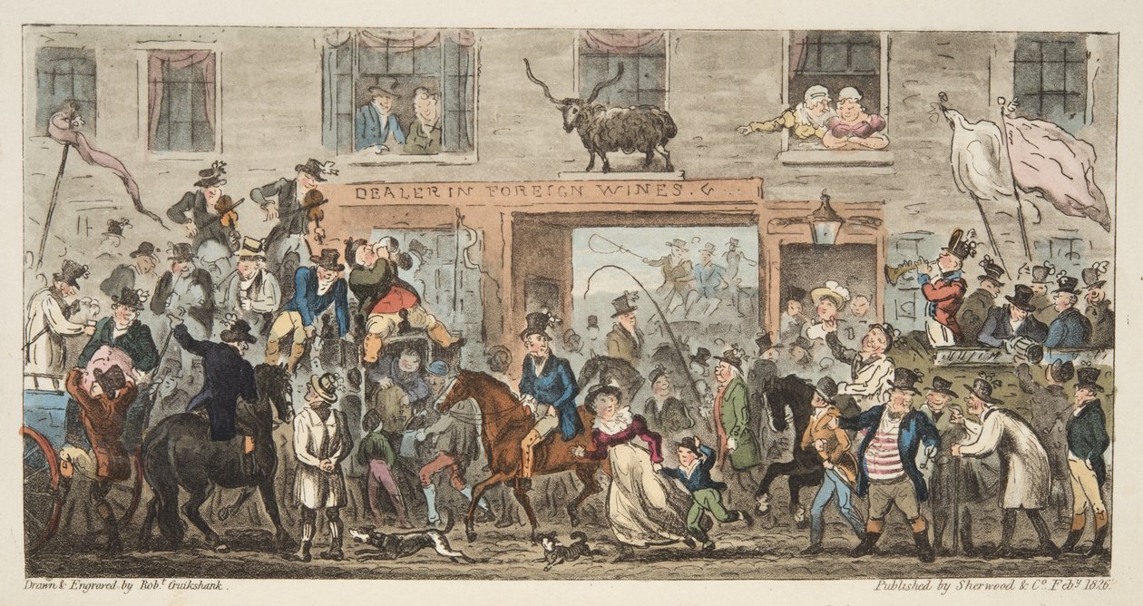 Den komiske procession fra The English Spy, udgivet af The English Spy, pub. 1824 (håndkoloreret gravering) Gloucester to Berkeley, fra The English Spy, pub. 1824 (håndkoloreret gravering) af Isaac Robert Cruikshank