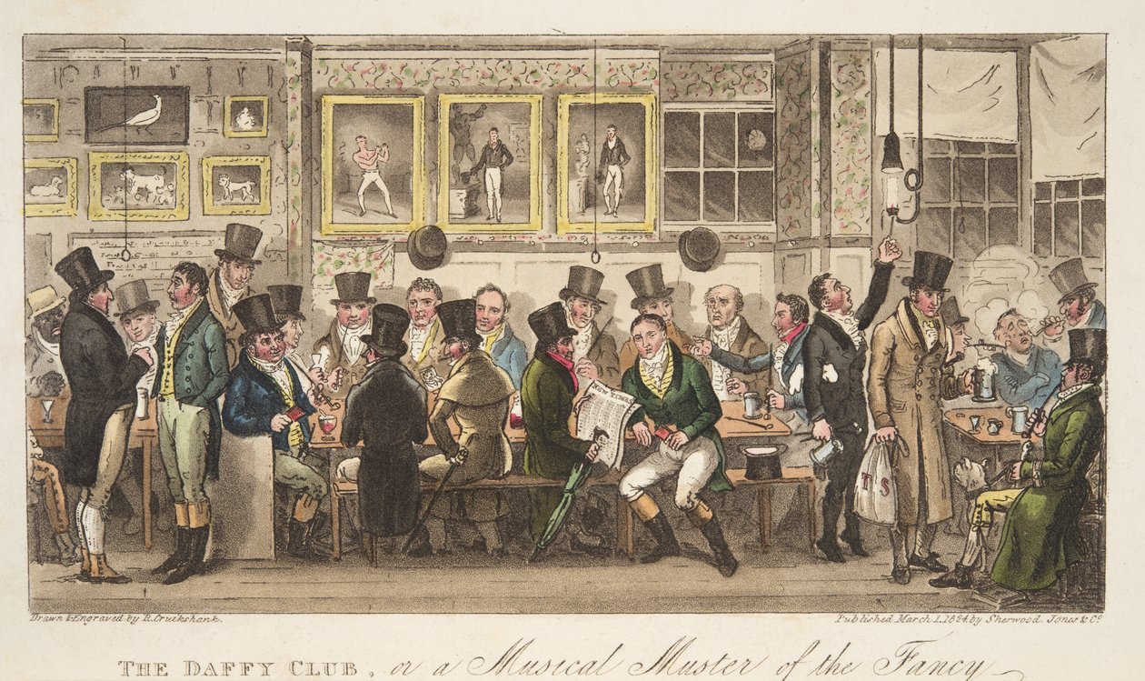 The Daffy Club, eller en musikalsk samling af fancy, fra The English Spy, pub. 1824 (håndfarvet gravering) af Isaac Robert Cruikshank