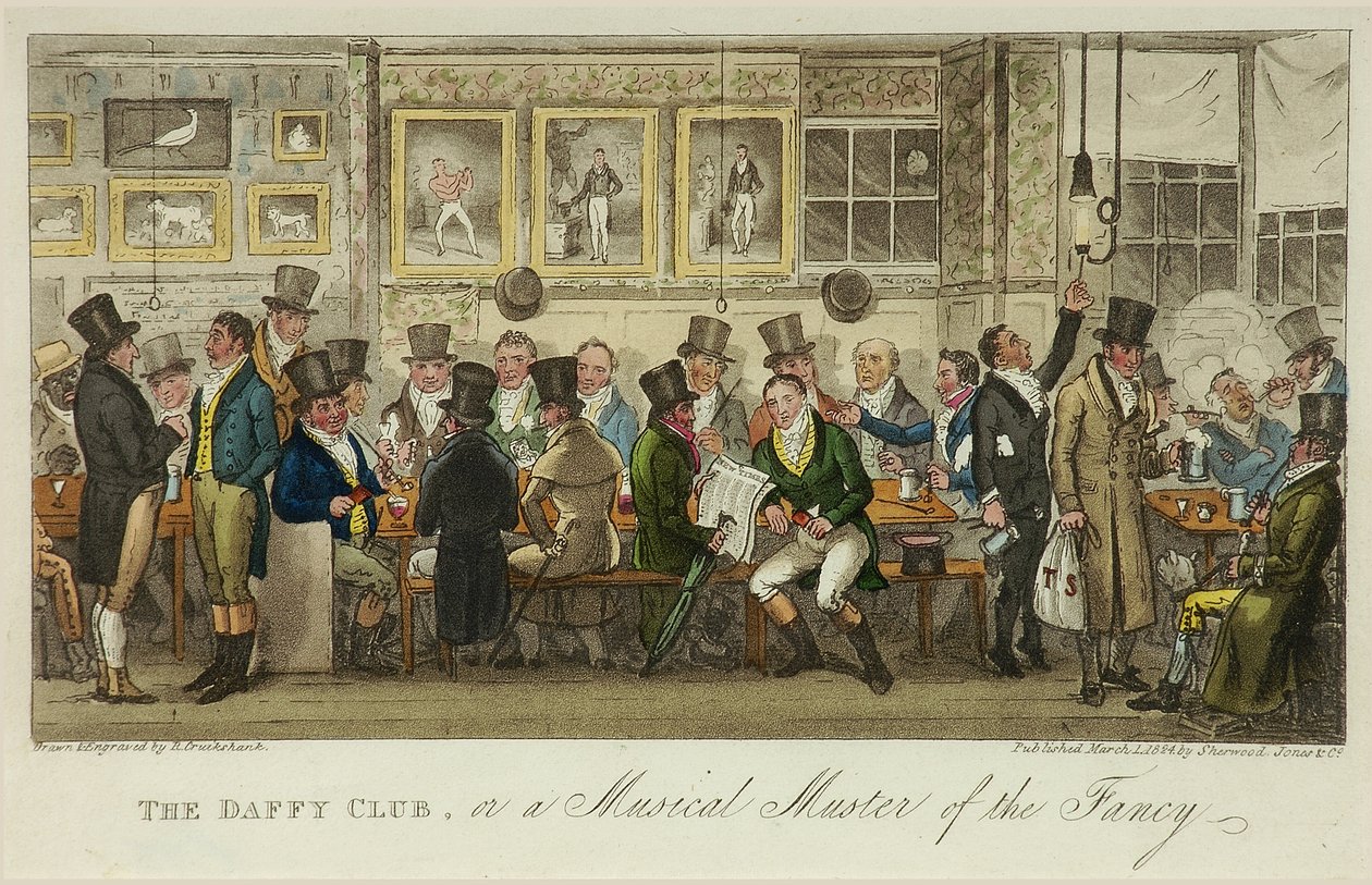 The Daffy Club, eller en musikalsk samling af fancy, udgivet i 1824 (farve litho) af Isaac Robert Cruikshank