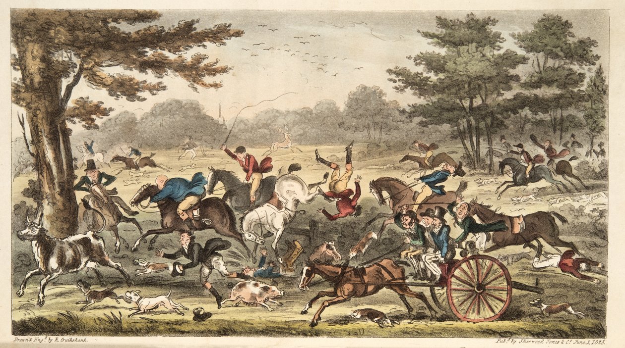 The Epping Hunt, eller Cockney Comicalities i fuld jagt, fra The English Spy, pub. 1824 (håndfarvet gravering) af Isaac Robert Cruikshank