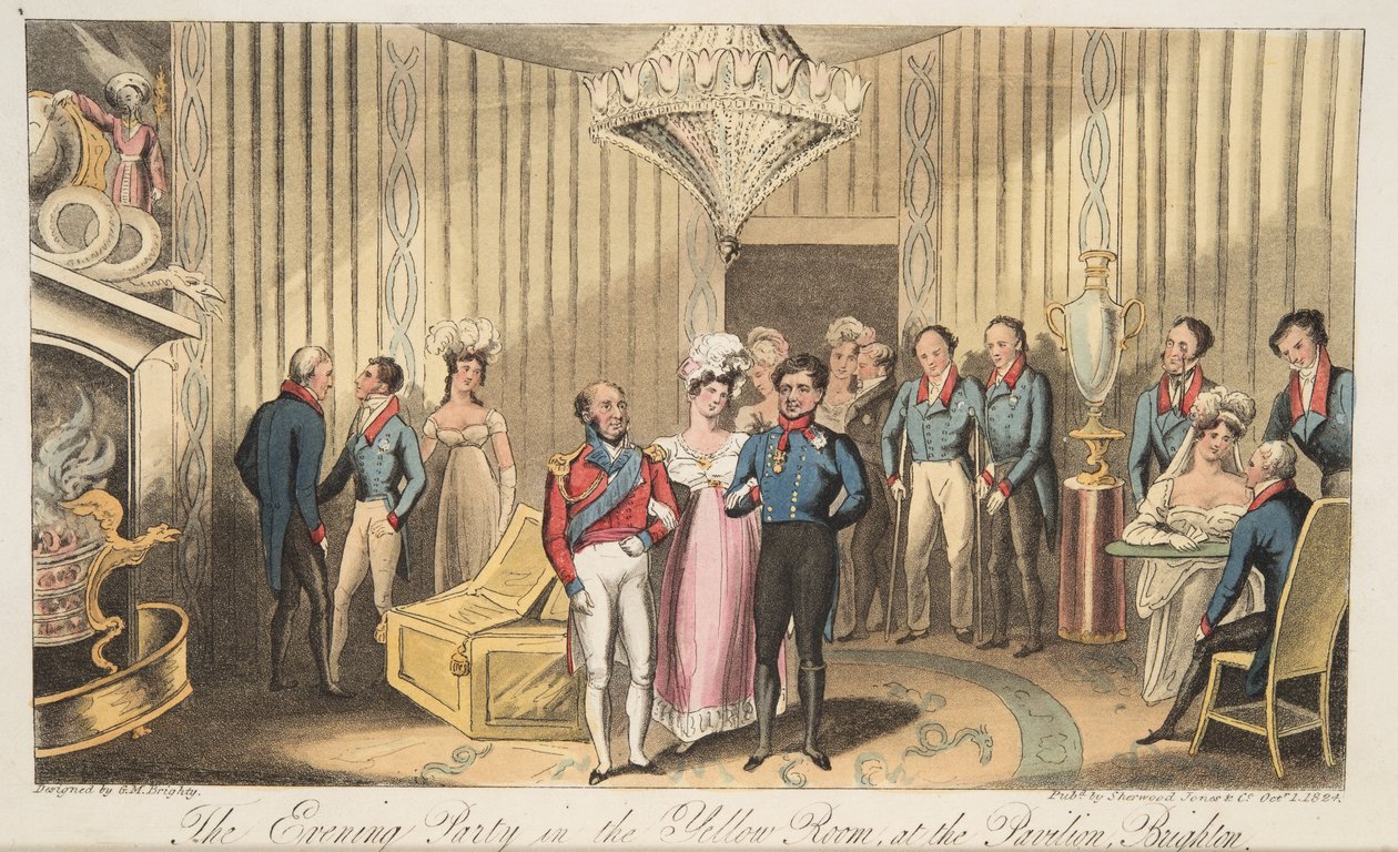 The Evening Party at the Pavilion, Brighton, fra The English Spy, pub. 1824 (håndfarvet gravering) af Isaac Robert Cruikshank