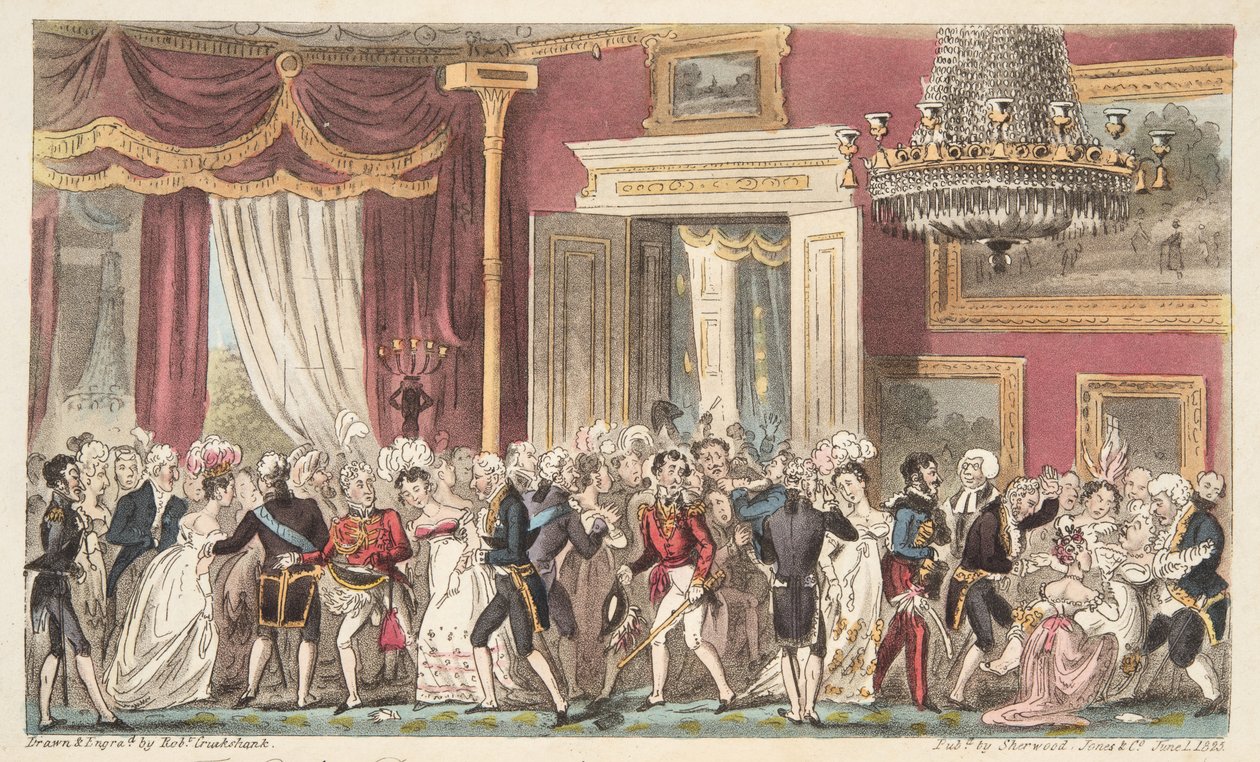 Aftenen i Cirkelrummet; eller en Squeeze på Carlton Palace, fra The English Spy, pub. 1824 (håndfarvet gravering) af Isaac Robert Cruikshank