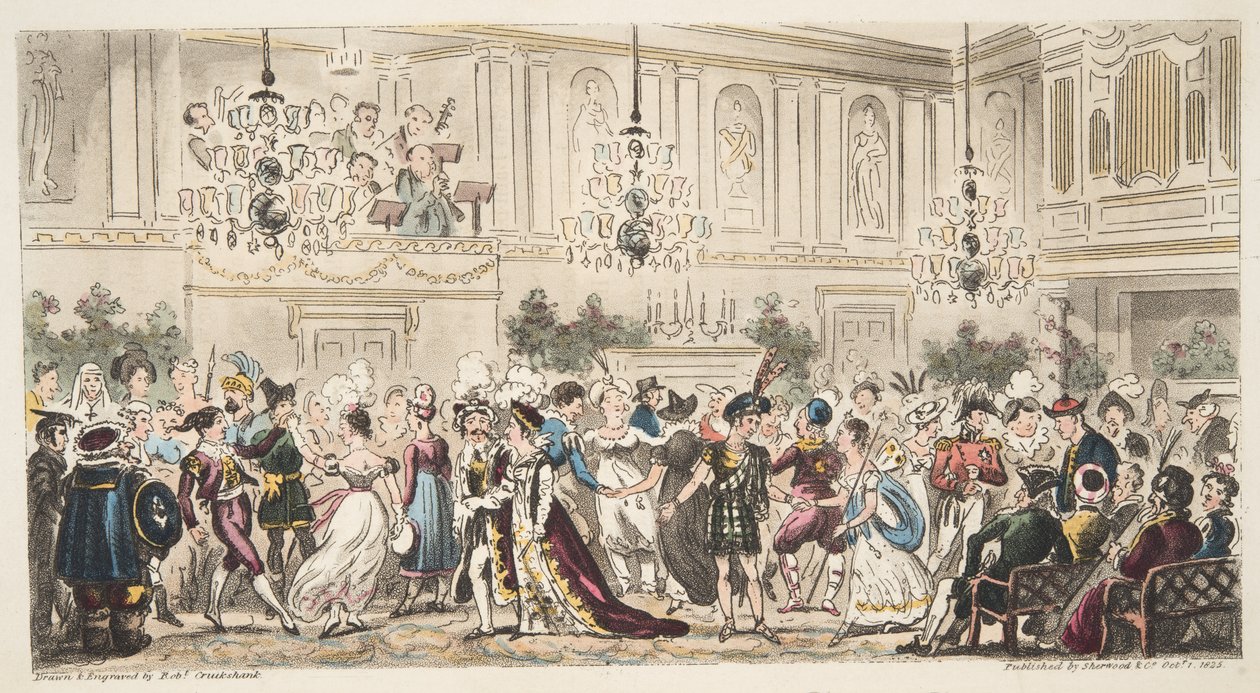 The Fancy Ball at the Upper Rooms, Bath, fra The English Spy, udgivet London, 1824 af Isaac Robert Cruikshank