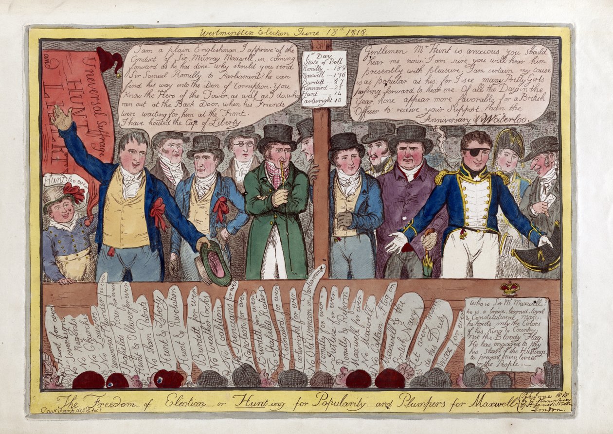 The Freedom on Election or Hunting for Popularity and Plumpers for Maxwell, pub. G. Humphrey, 1818 (håndfarvet gravering) af Isaac Robert Cruikshank