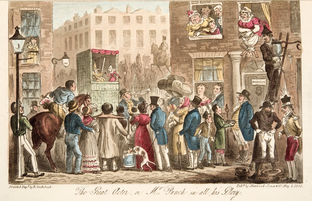 The Great Actor, eller Mr Punch in all his Glory, fra The English Spy, pub. 1824 (håndfarvet gravering) af Isaac Robert Cruikshank