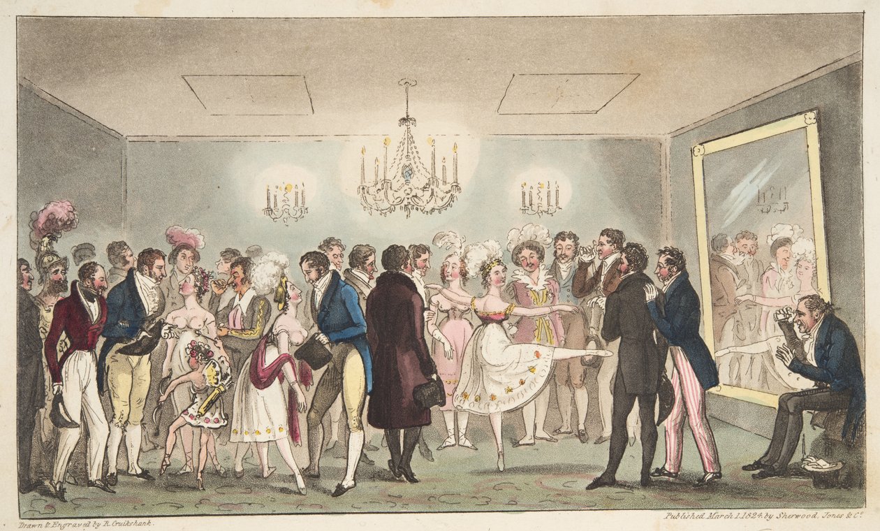 The Green Room of the Kings Theatre, eller noble amatører, der ser på udenlandske kuriositeter, fra The English Spy, pub. 1824 (håndfarvet gravering) af Isaac Robert Cruikshank