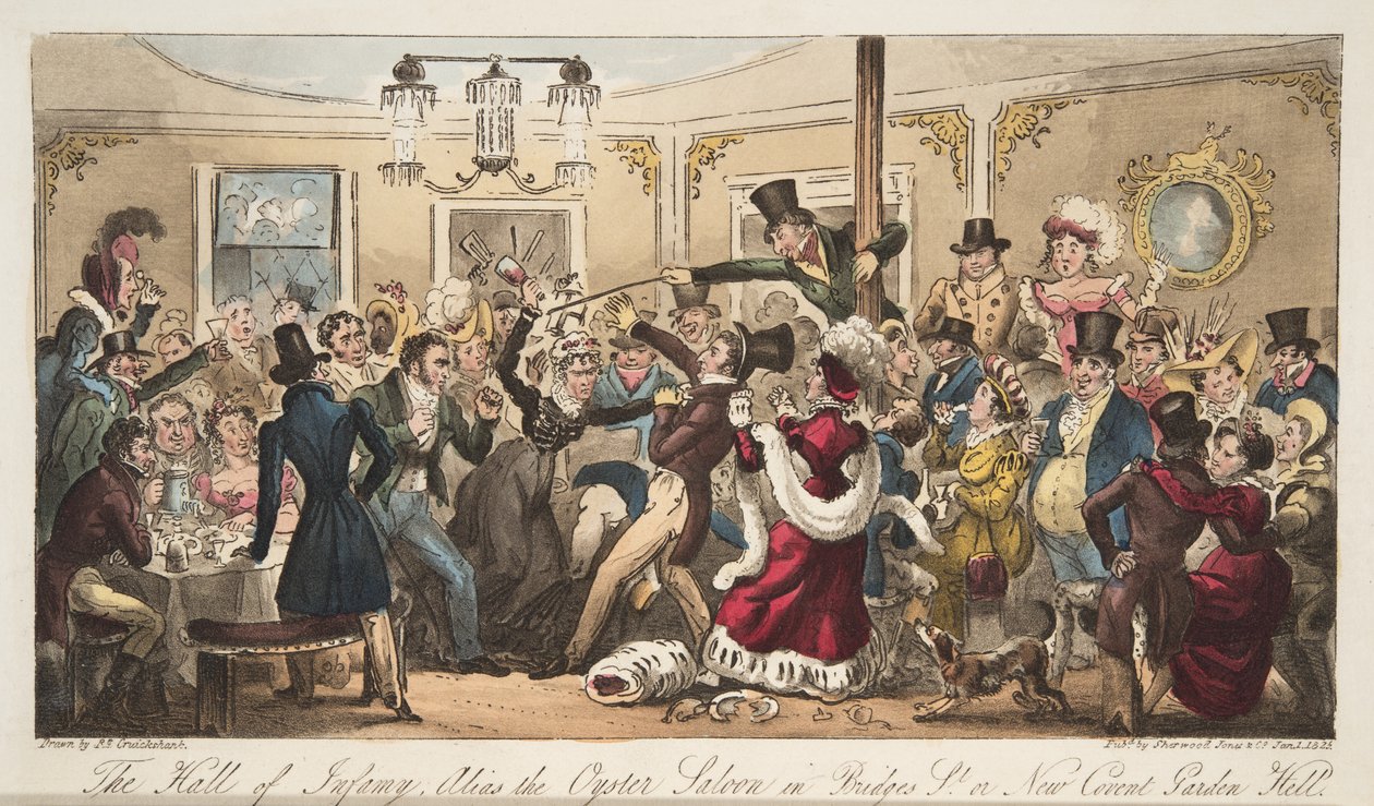 The Hall of Infamy, alias Oyster Saloon i Brydges-Street, eller New Covent Garden Hell, fra The English Spy, pub. 1824 (håndfarvet gravering) af Isaac Robert Cruikshank