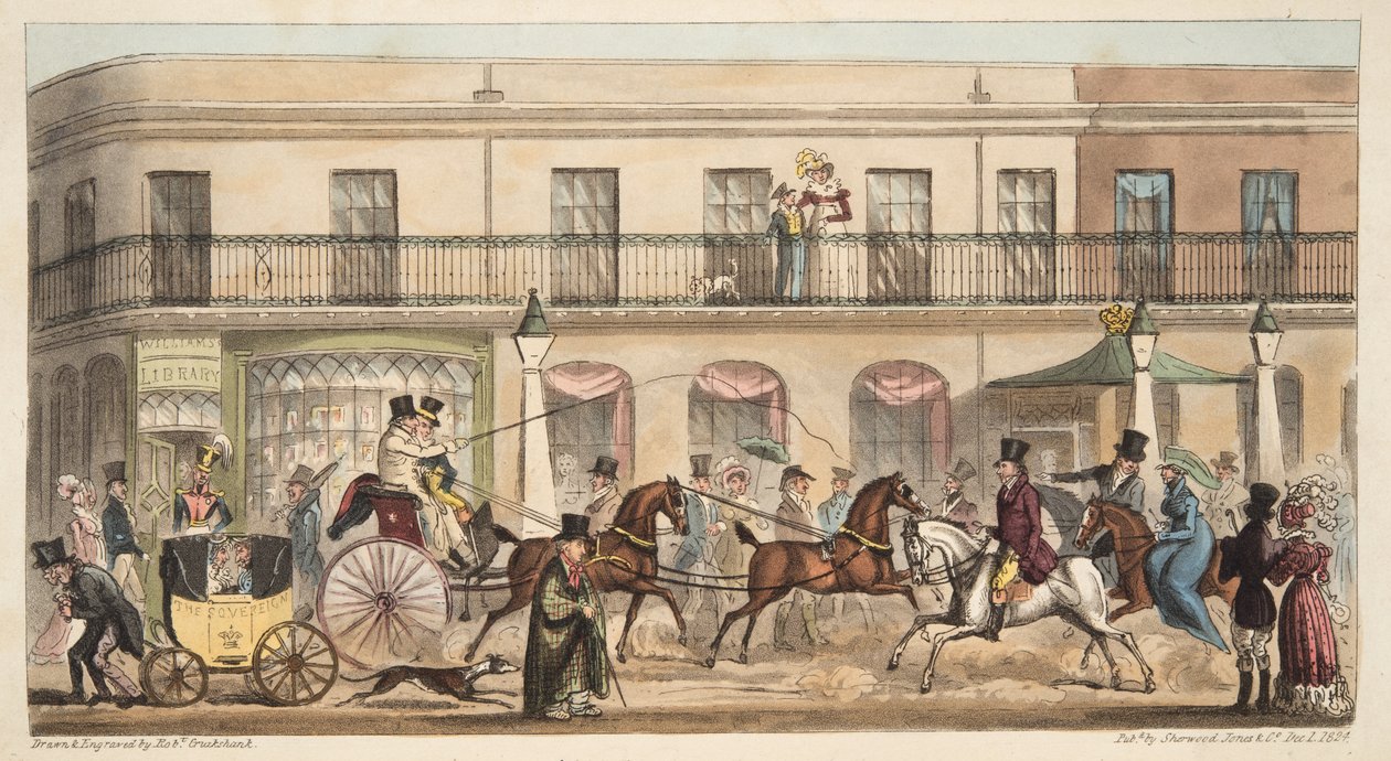 The High Street, Cheltenham, fra The English Spy, pub. 1824 (håndfarvet gravering) af Isaac Robert Cruikshank
