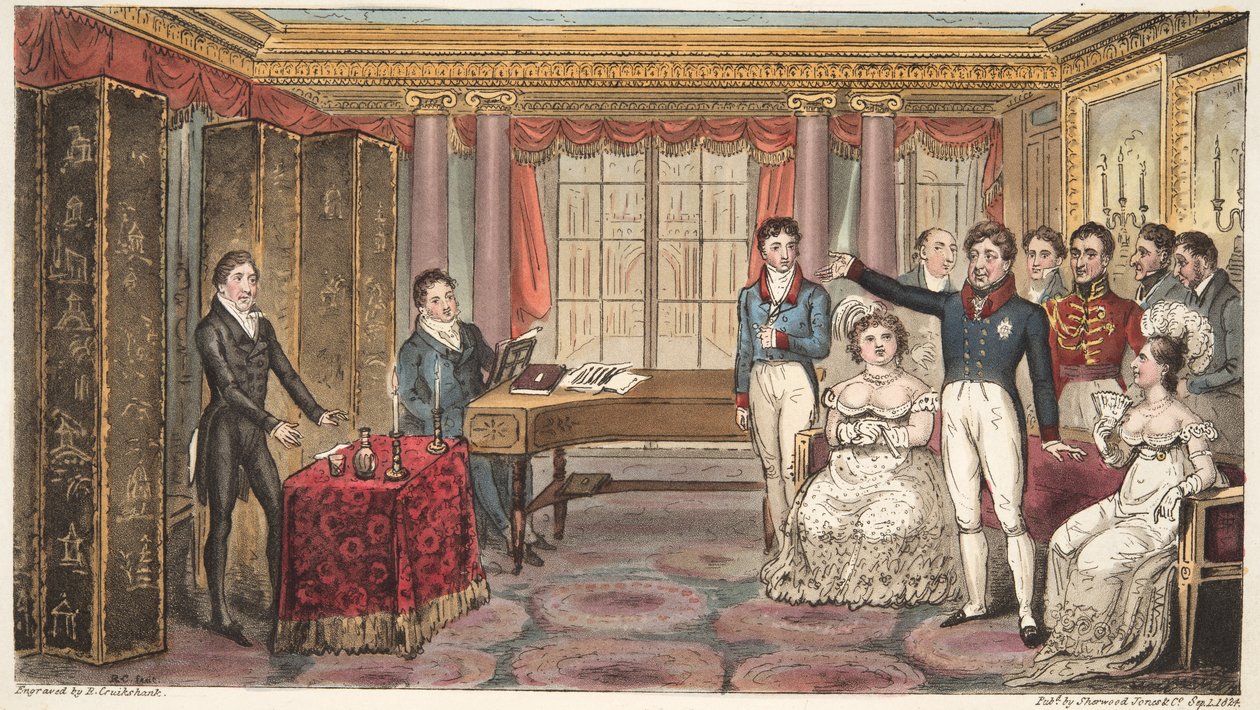 The King at Home, or Mathews at Carlton House, fra The English Spy, af Charles Westmacott, udgivet 1824 (håndkoloreret gravering) af Isaac Robert Cruikshank