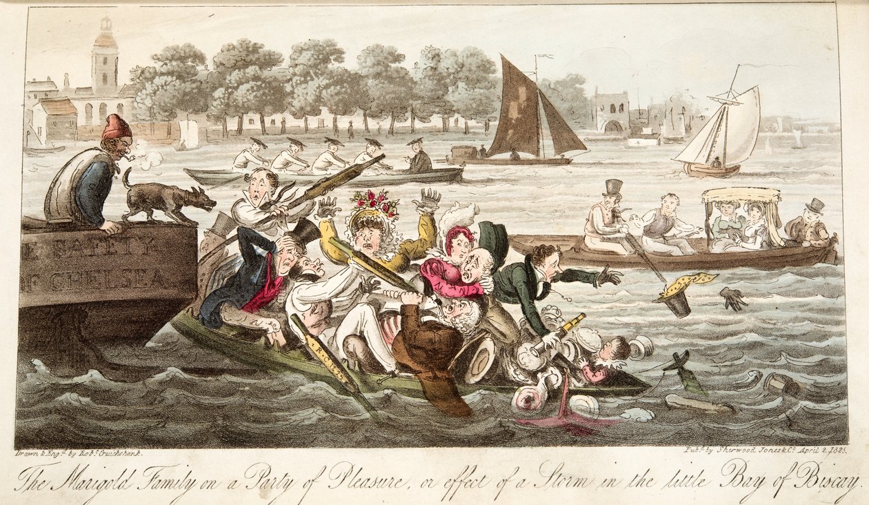 The Marigold Family on a Party of Pleasure, eller effekten af en storm i den lille Biscayabugt, fra The English Spy, pub. 1824 (håndfarvet gravering) af Isaac Robert Cruikshank