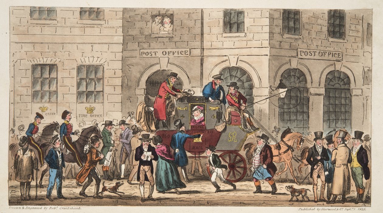 The Post Office Bristol, Arrival of the London Mail, fra The English Spy, udgivet London, 1824 af Isaac Robert Cruikshank