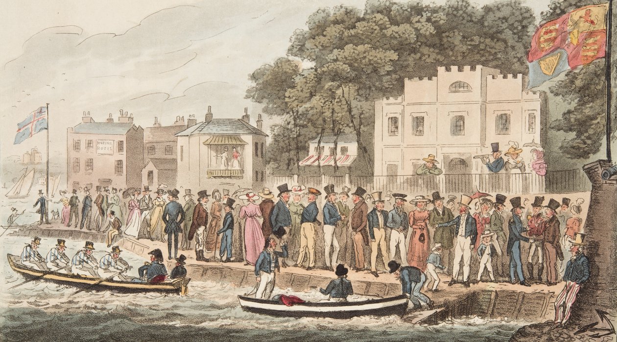 The Promenade at Cowes, fra The English Spy, pub. 1824 (håndfarvet gravering) af Isaac Robert Cruikshank