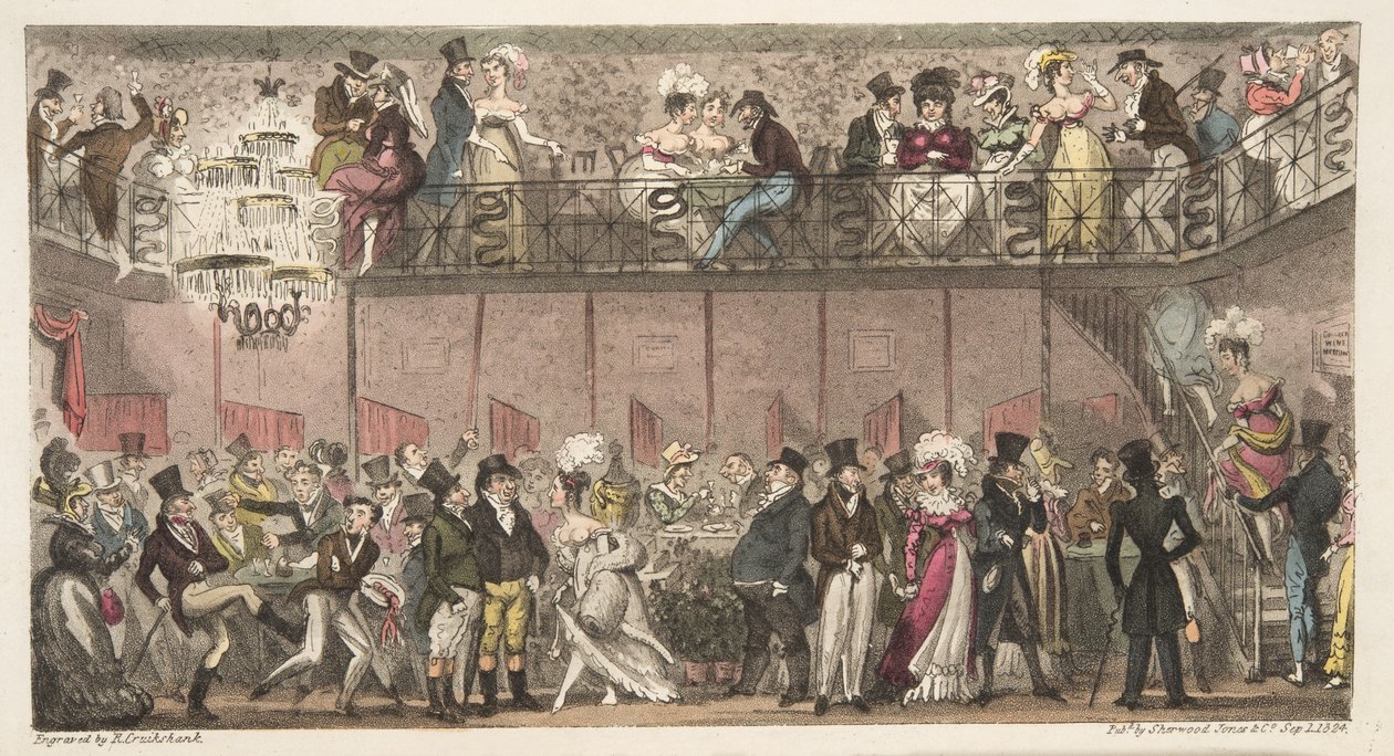 The Royal Saloon, Piccadilly eller en time efter Operaen, fra The English Spy udgivet 1824 (håndfarvet gravering) af Isaac Robert Cruikshank