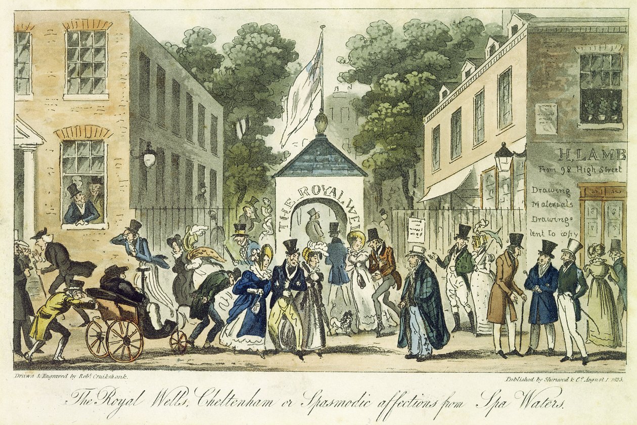 The Royal Wells, Cheltenham eller Spasmodic Affections for Spa Water, 1825 af Isaac Robert Cruikshank