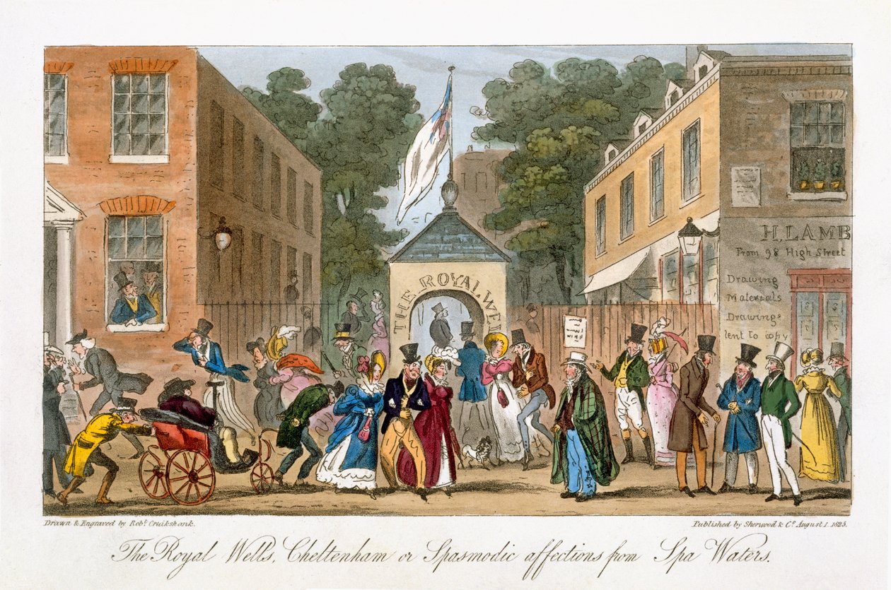 The Royal Wells, Cheltenham eller Spasmodiske lidelser fra Spa Waters, fra "The English Spy", af Charles Molloy Westmacott (1788-1868), udgivet i London 1825. af Isaac Robert Cruikshank
