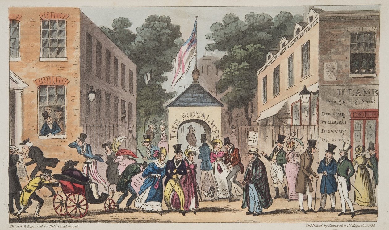 The Royal Wells, Cheltenham eller Spasmodic affections fra Spa Waters, fra The English Spy, pub. 1824 (håndfarvet gravering) af Isaac Robert Cruikshank