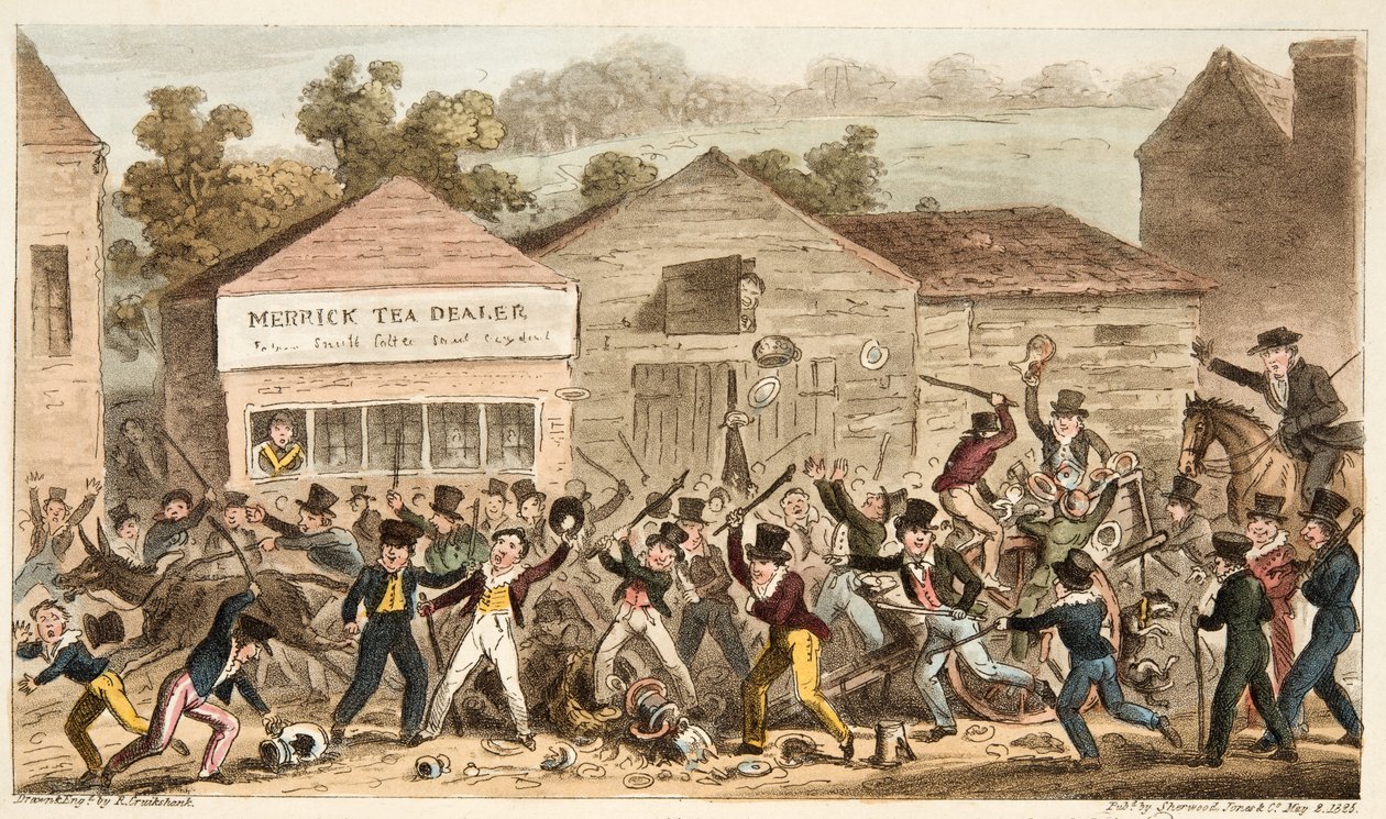The Tea Pot Row at Harrow, eller Battle of Hog Lane, fra The English Spy, pub. 1824 (håndfarvet gravering) af Isaac Robert Cruikshank