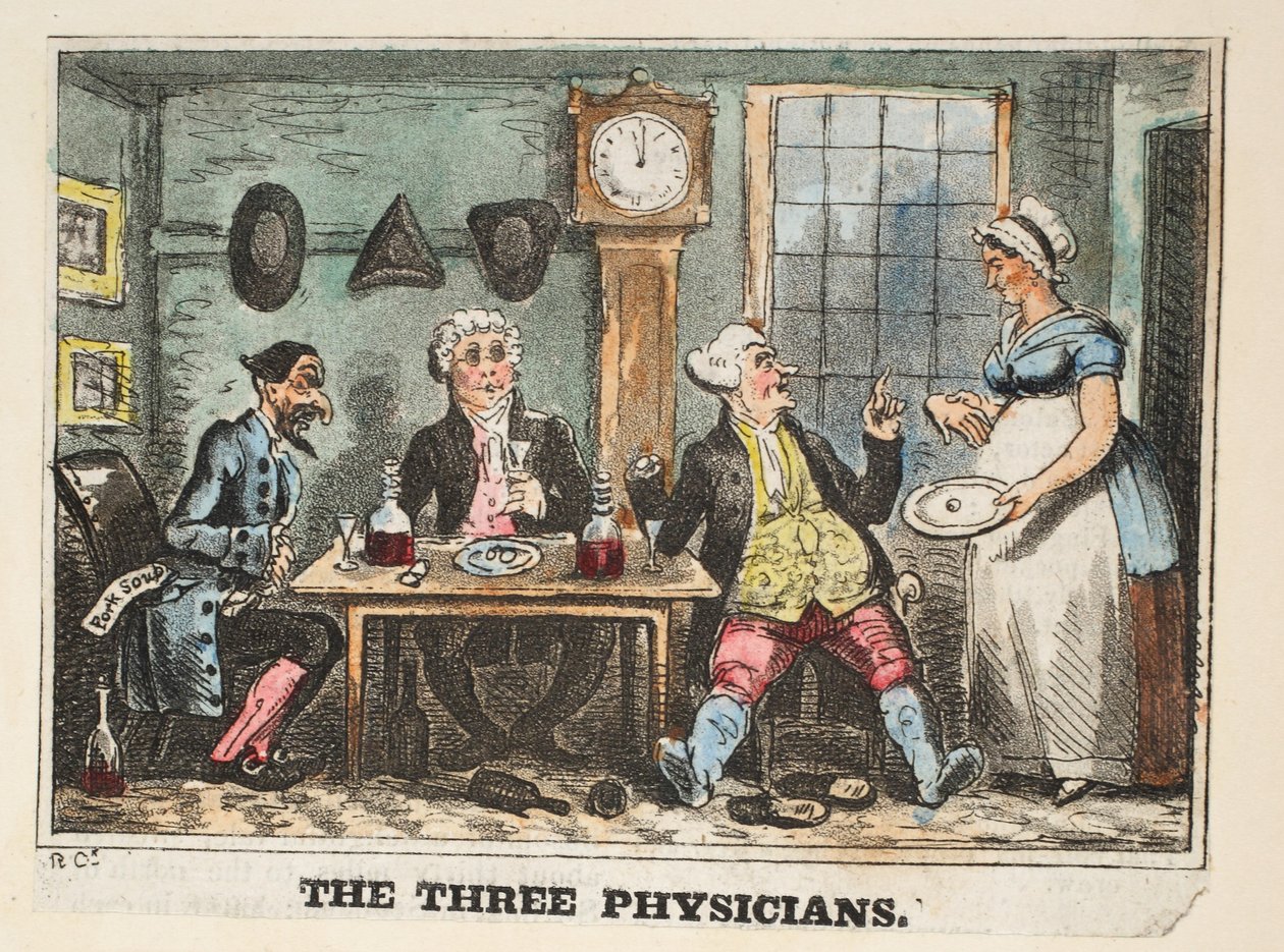 De tre læger, ca. 1824 (håndkoloreret gravering) af Isaac Robert Cruikshank