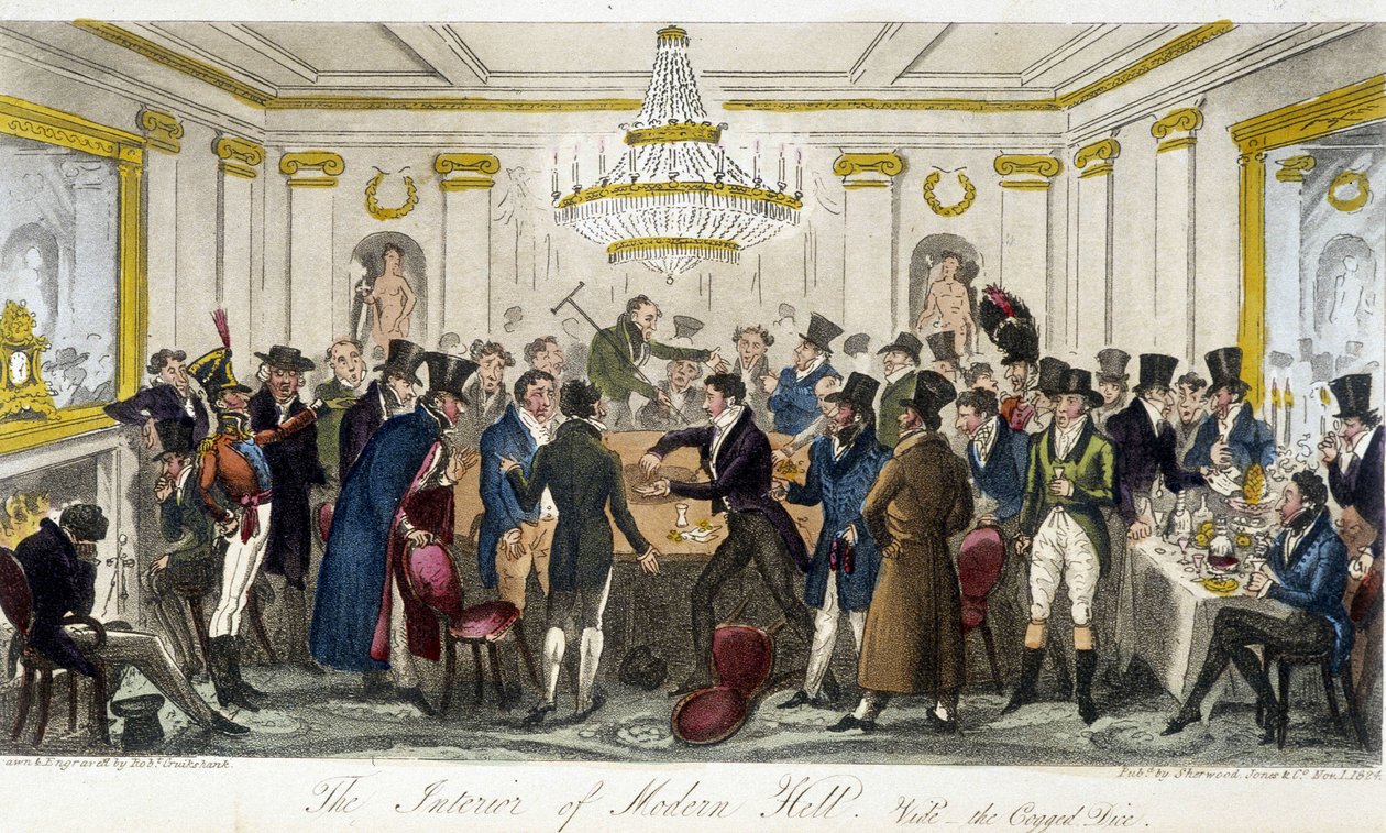 Det indre af Modern Hall - i "" The English Spy"" af Charles Molloy Westmacott, tegning af Robert Cruikshank, London Edition af Isaac Robert Cruikshank