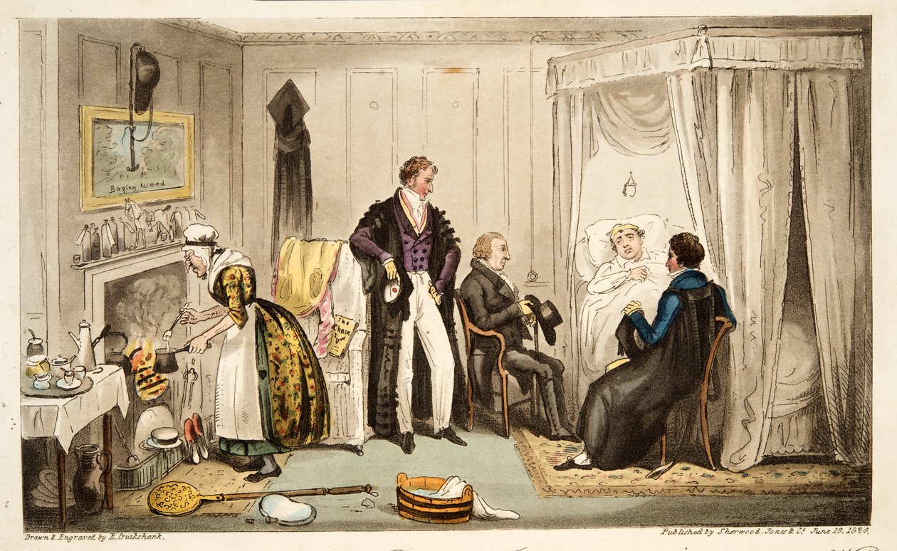 Tom Echo lagde sig med Headington-feberen eller en Oxonian meget tæt på muren, fra The English Spy, udgivet London, 1824 (håndfarvet gravering) af Isaac Robert Cruikshank