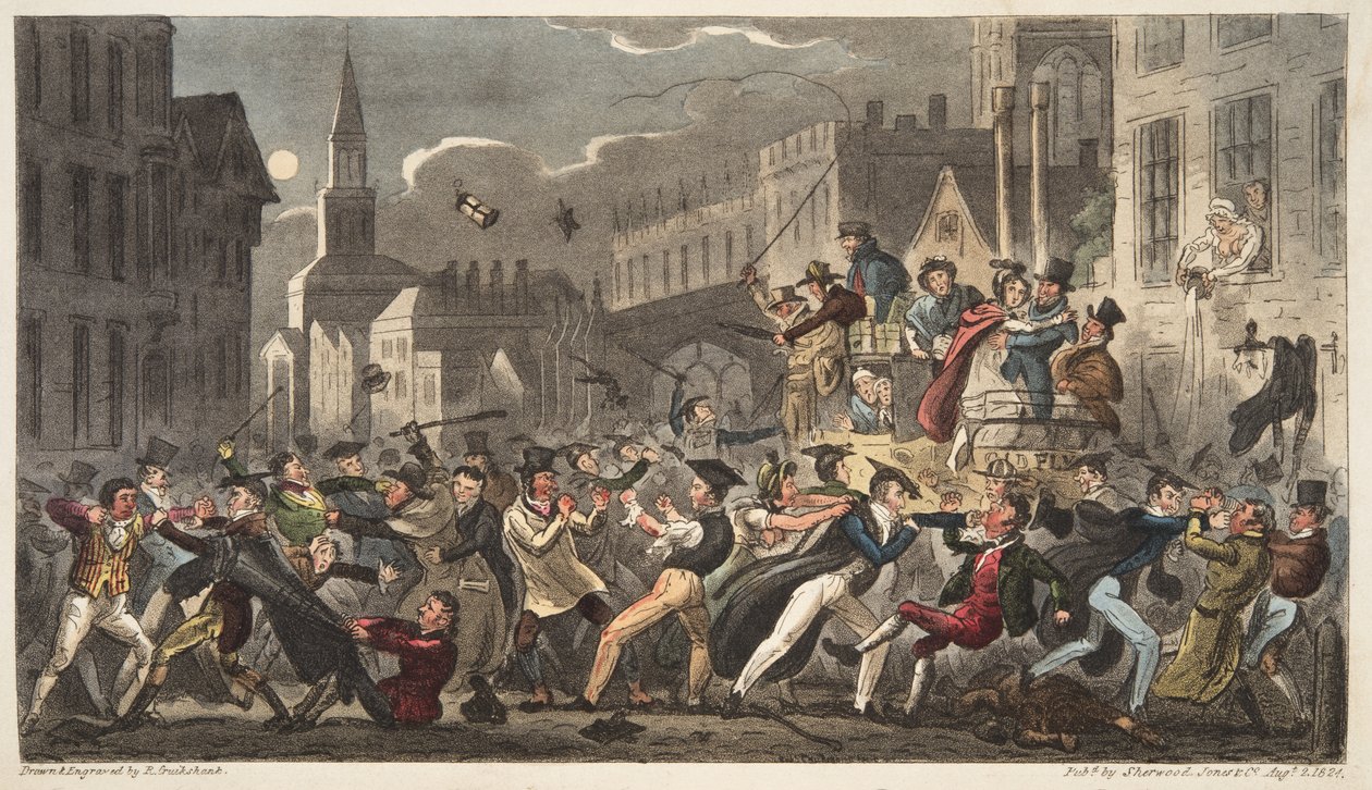 Town and Gown, fra The English Spy, pub. 1824 (håndkoloreret gravering) af Isaac Robert Cruikshank