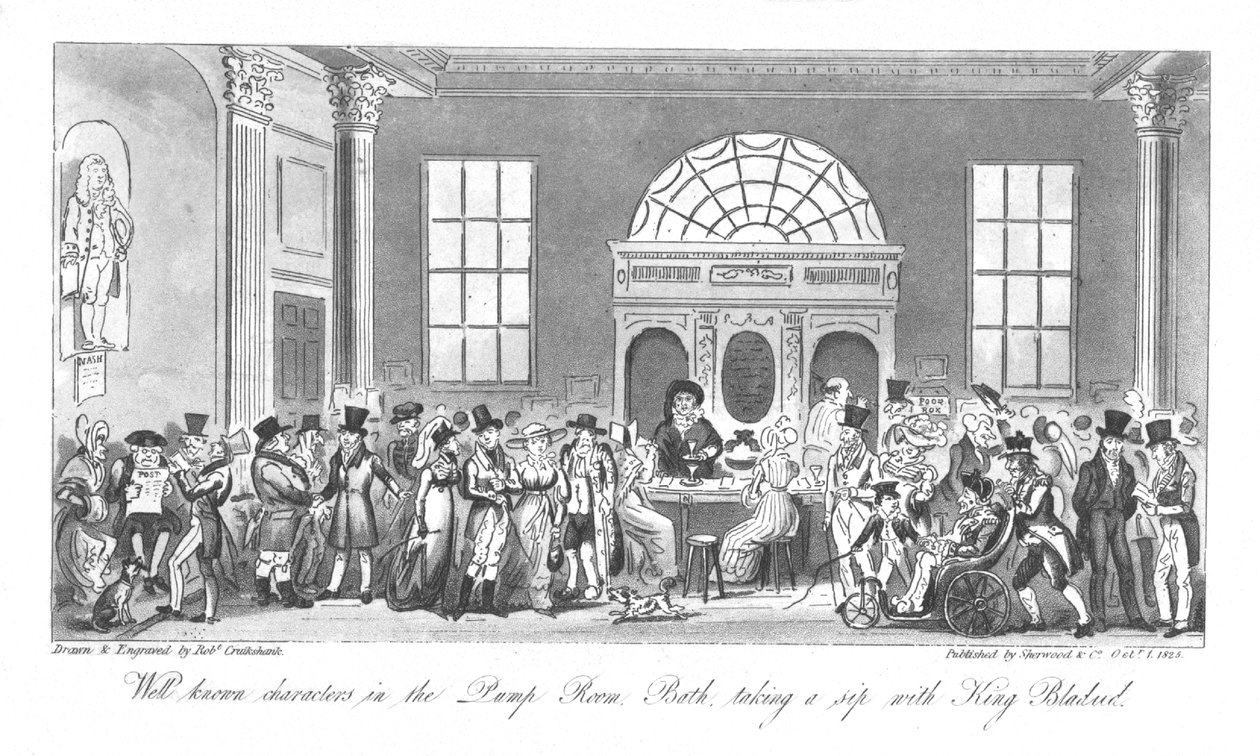 Velkendte karakterer i pumperummet, Bath, tager en slurk med Kong Bladud, 1825 af Isaac Robert Cruikshank