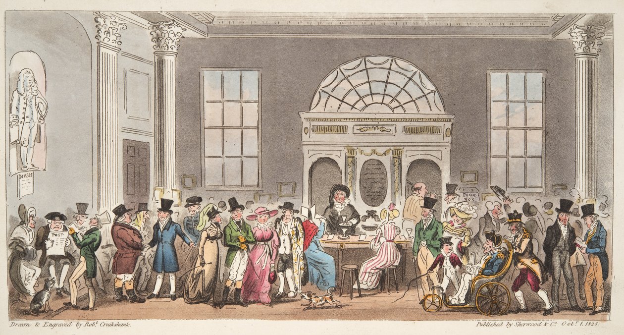 Kendte besøgende til Pump Room, Bath, tager en slurk med King Bladud, fra The English Spy, pub. 1824 (håndfarvet gravering) af Isaac Robert Cruikshank
