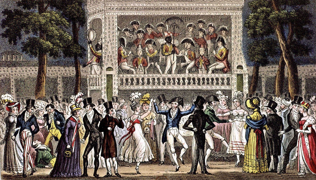 Et bal i Vauxhall garden i London ca. 1830, stik af Isaac Robert & George (1792 1878) Cruikshank