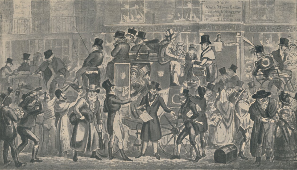 Udenfor White Horse Cellar, Piccadilly, 1821, 1920. Kunstnere: Isaac Robert Cruikshank, George Cruikshank. af Isaac, Robert and George Cruikshank