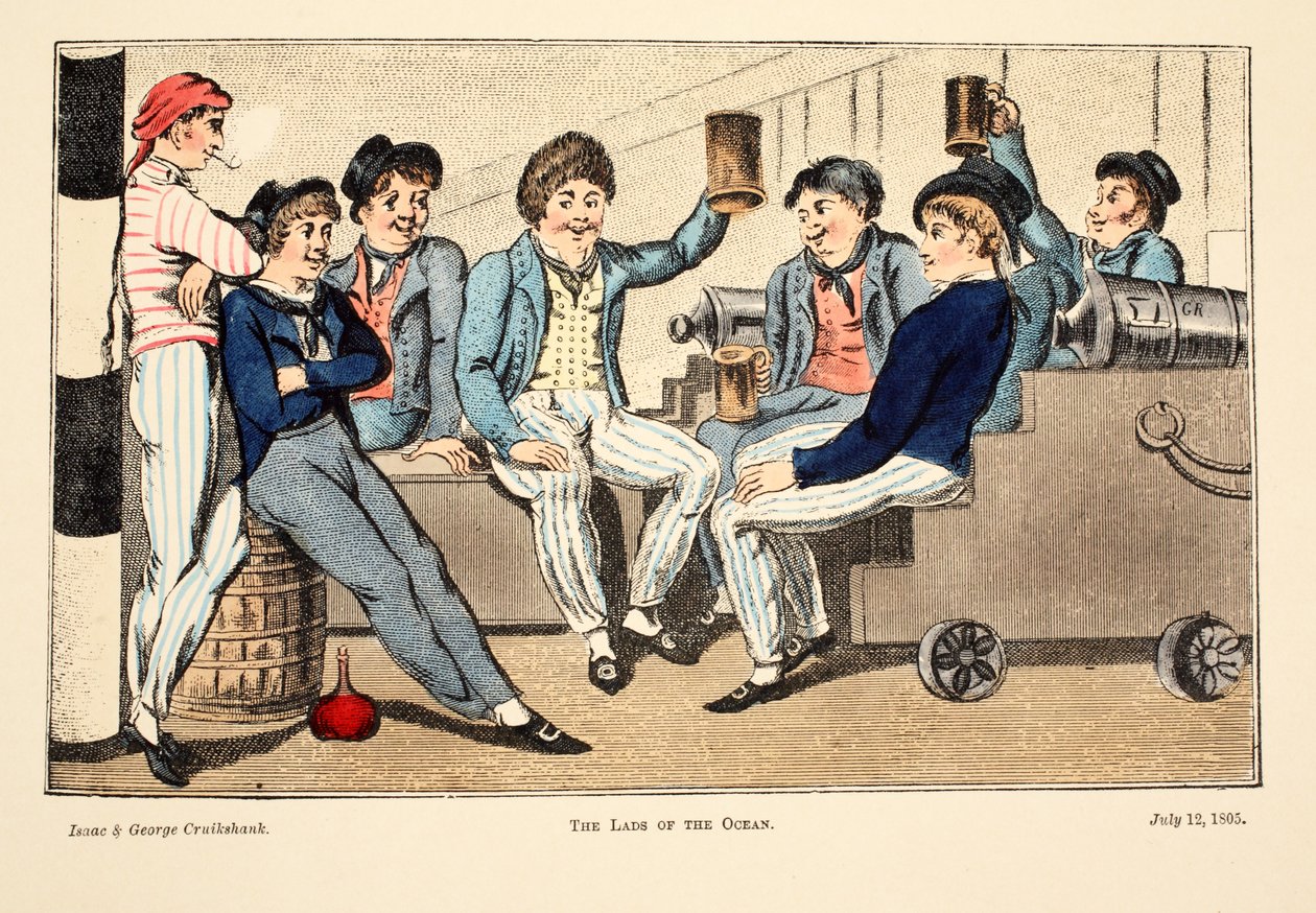 The Lads of the Ocean, 1805 (håndfarvet gravering) af Isaac, Robert and George Cruikshank