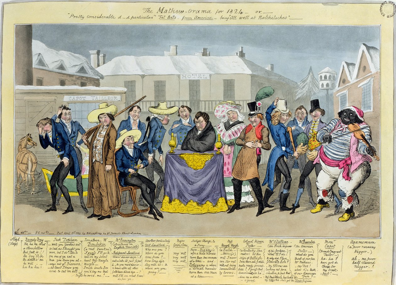 The Mathew-Orama for 1824, udgivet af G. Humphrey, 1824 (farvet radering) af Isaac, Robert and George Cruikshank