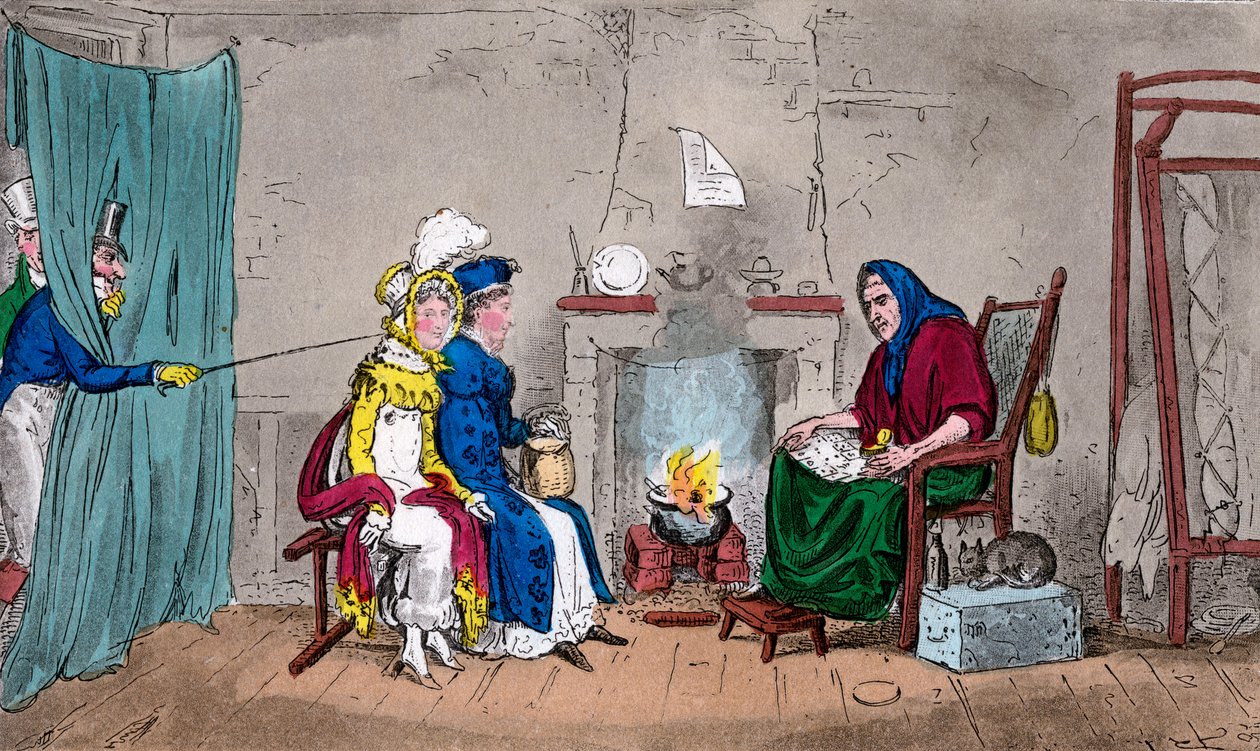 Tom og Jerry, der fanger Kate og Sue på flugt og får deres formuer fortalt, 1800-tallet. af Isaac, Robert and George Cruikshank