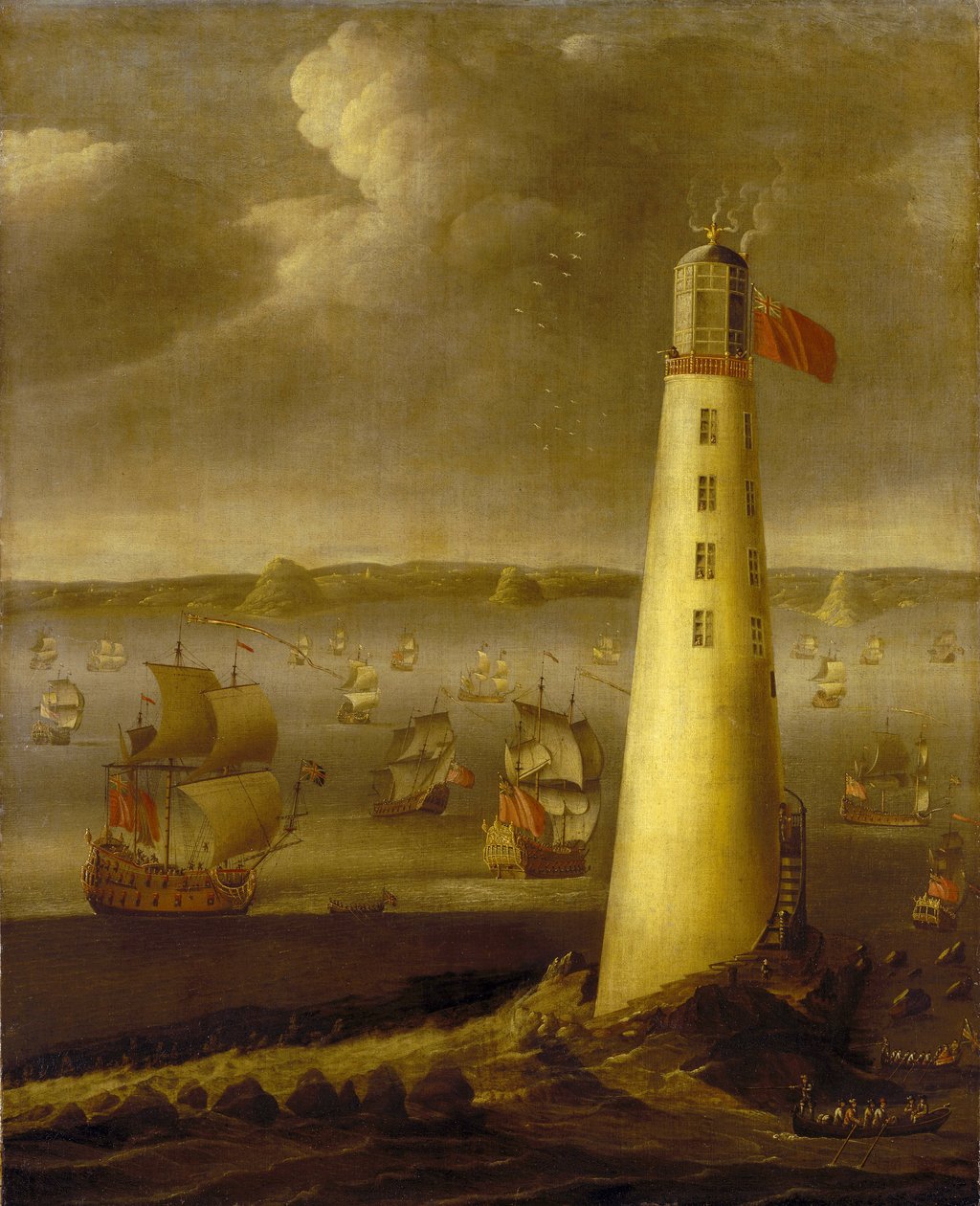 Eddystone fyrtårn ud for Devons kyst (England). Olie på lærred, ca. 1708, af Isaac Sailmaker (1633-1721). af Isaac Sailmaker