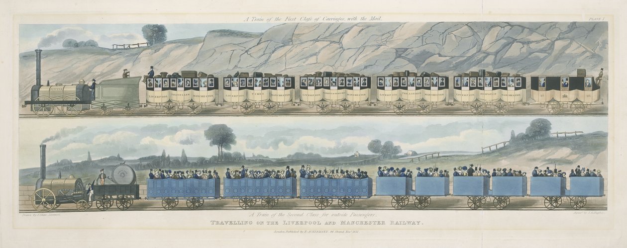 Rejser på Liverpool og Manchester Railway: Et tog af første klasse af vogne med posten og et tog af anden klasse for eksterne passagerer, graveret af S.G. Hughes, 1831 (aquati af Isaac Shaw