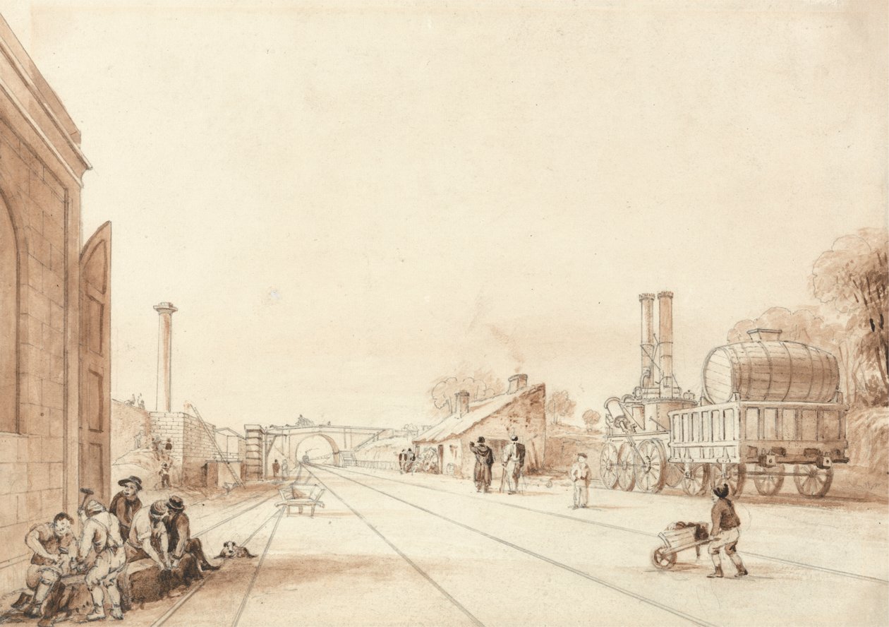 Udsigt på Liverpool og Manchester Railway med lokomotivet "Tvillingsøstre" i et sidespor af Isaac Shaw
