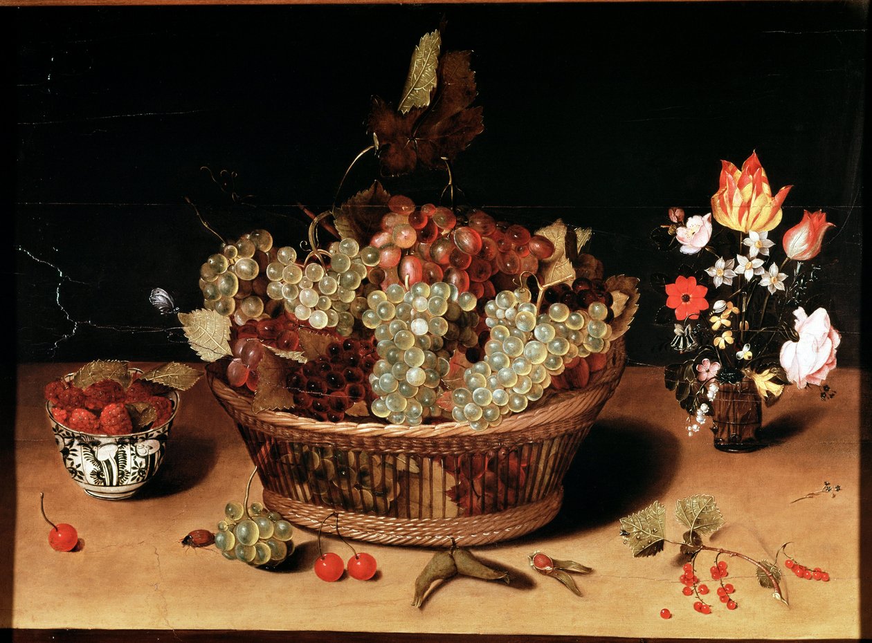 Stilleben med blomster og frugter Maleri af Isaac Soreau (1604-1644) Turin Galleria Sabauda fra det 17. århundrede, inv 758 af Isaac Soreau