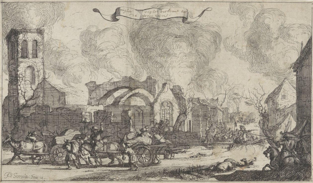 Franske tropper marcherer plyndring og skydning gennem ruinerne af landsbyen Nigtevecht, 1672 Serie på tretten billeder af landsbyerne og slottene i provinsen Utrecht ødelagt af franskmændene i 1672 (serietitel) af Isaac Sorious