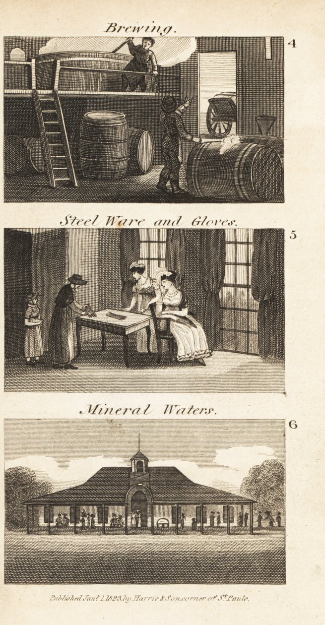 Brygning, stålvarer og handsker og et spa med mineralvand i Regency England af Isaac Taylor