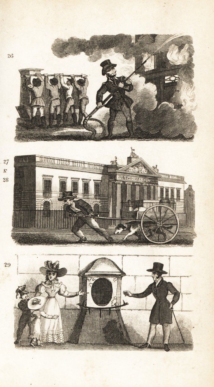 Brandbilen, tegning af varer på en lastbil, East India House og London Stone af Isaac Taylor