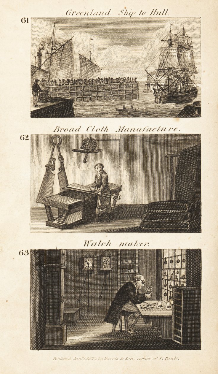 Handler i Regency England: Grønlandsskib til Hull, bredstoffabrikation og urmager af Isaac Taylor