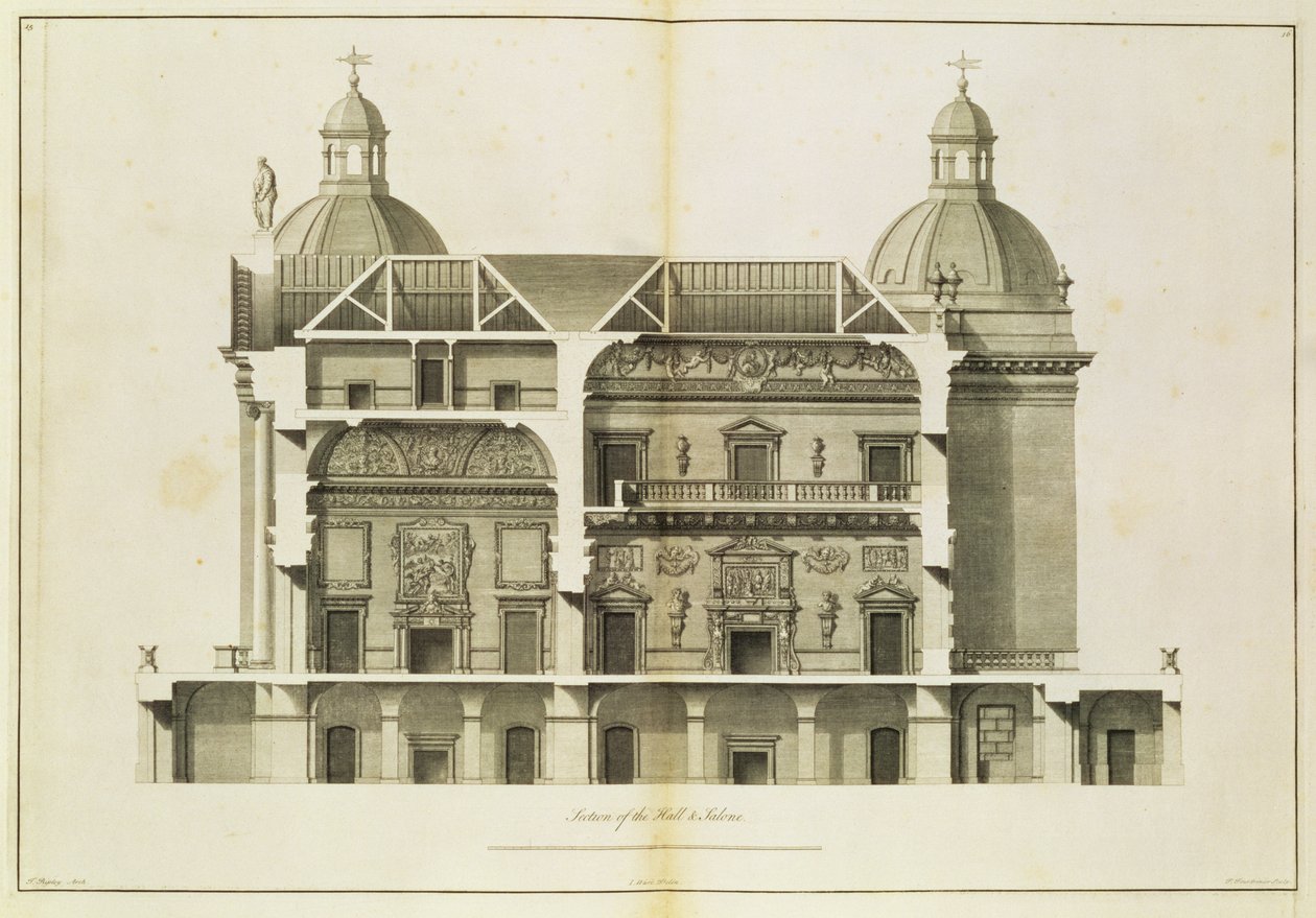 Houghton Hall: tværsnit af hallen og salonen, graveret af Pierre Fourdrinier, 1735 (se også 64903 og 64904) af Isaac Ware