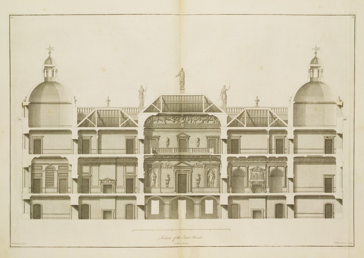 Houghton Hall: sektion af østfronten, indgraveret af Pierre Fourdrinier, 1735 (se også 64902 og 64904) af Isaac Ware