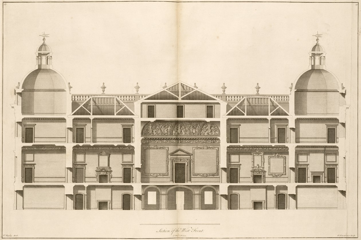 Houghton Hall: sektion af vestfronten, indgraveret af Pierre Fourdrinier, 1735 (se også 64902 og 64903) af Isaac Ware