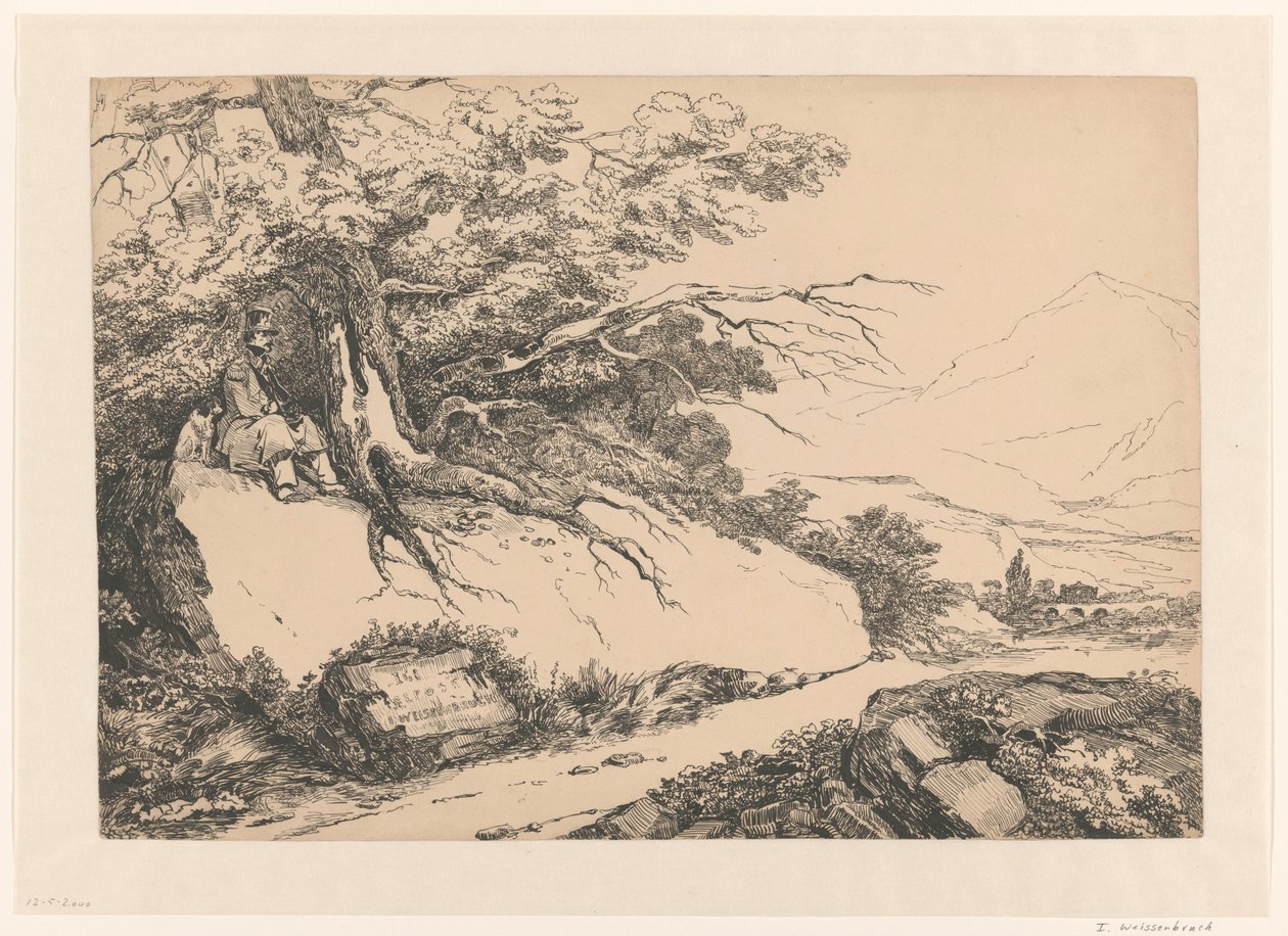 Landskab, med en mand med hund, der holder pause under et træ af Isaac Weissenbruch
